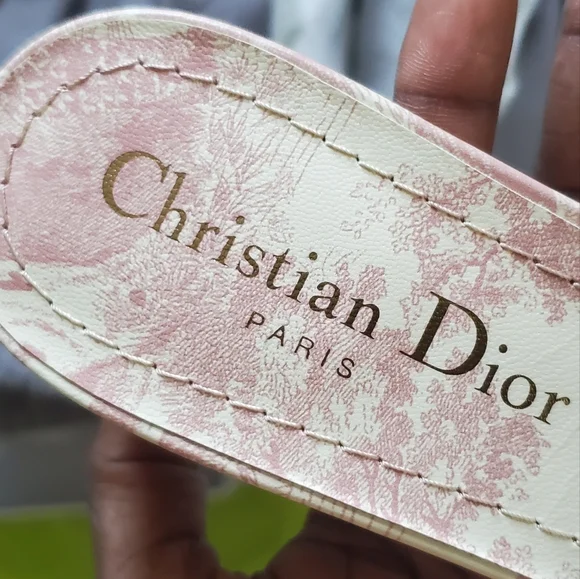 Dway Heeled Slide Toile de Jouy Light Pink and Ecru Embroidered - Picture 17 of 17